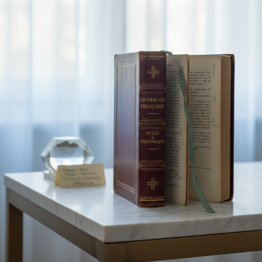 An antique French grammar book with worn burgundy leather cover and gilded spine lettering stands upright, slightly open, on a marble-topped console. Delicately annotated pages fan out, margins filled with fine pencil notes and careful underlining. A thin silk ribbon, in muted emerald, slips between chapters on style and rhetoric. Cool northern daylight filters through a sheer curtain behind, creating a soft glow that outlines the book’s silhouette and highlights the gold on the spine. In the gentle blur of the background, a sculptural glass paperweight and a small stack of cream index cards suggest ongoing study. Photographic realism, composed with the book on the right third of the frame, atmosphere dignified and scholarly, honoring the depth and heritage of refined French writing.