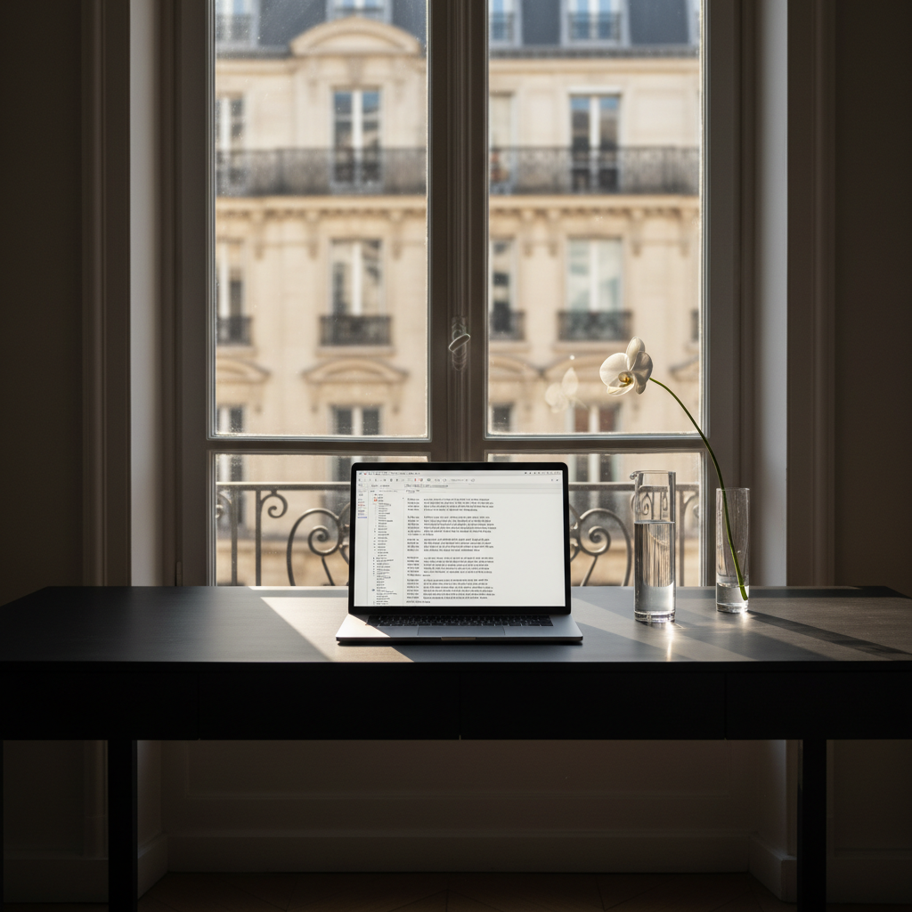 An ultramodern writing desk in matte black wood faces a tall window overlooking muted Haussmann-style façades, their lines softened into abstraction. On the desk, a slim silver laptop shows a French text editor on screen, the interface minimal and airy, paragraphs perfectly justified. Beside it, a narrow crystal carafe of water and a single stem of white orchid add vertical elegance. Late afternoon light pours in, reflected subtly in the laptop’s metallic edges and the water’s surface, casting long, geometrically precise shadows across the desk. The room around fades into darkness, emphasizing the luminous workspace. Photographic realism, wide-angle yet uncluttered, with a calm, focused atmosphere that conveys contemporary French style and disciplined, polished writing.