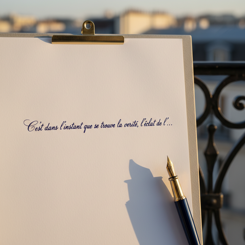 A close-up of a pristine white sheet of heavyweight paper held in place by a minimalist brass clip on a muted stone-gray writing board. On the page, a single, perfectly centered French sentence in dark blue ink is captured mid-composition, the final word ending in an unfinished flourish. Next to it, an uncapped navy fountain pen reveals a gleaming gold nib with engraved details. Gentle golden hour light streams in from the right, skimming the paper fibers and making the ink appear almost velvety. The background is a soft bokeh of a Parisian balcony railing and out-of-focus rooftops, barely hinted at. Photographic realism, shallow depth of field, intimate and contemplative mood, celebrating the moment of choosing exactly the right phrase.